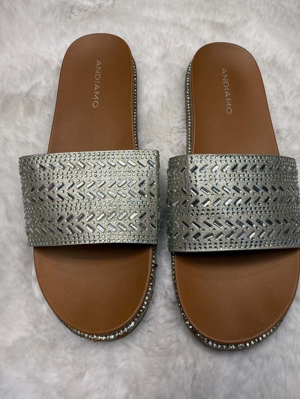 Andiamo Metallic Rhinestone Embellished Slide Sandals